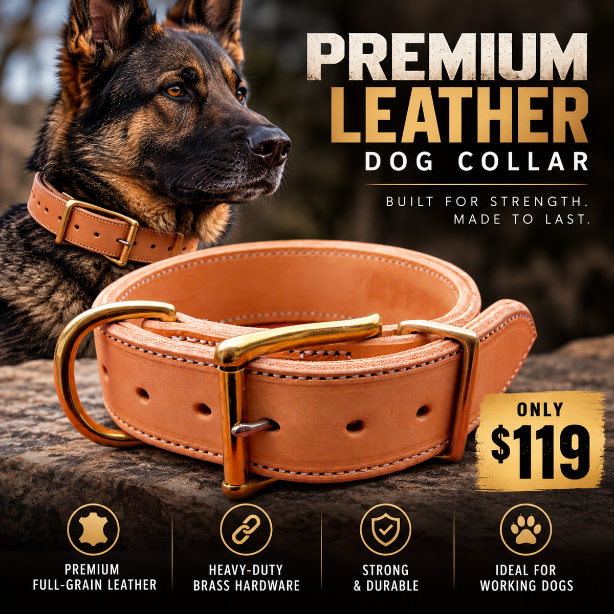 A tan leather dog collar with brass hardware and D ring is displayed in front of a German Shepherd.